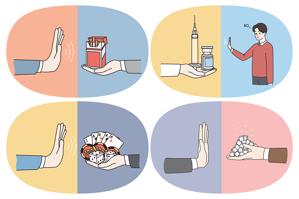 Illustration av substanser som droger, cigaretter och spelmarkörer. 