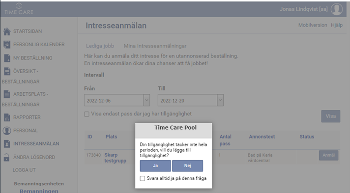 Skärmdump för hur du lägger till eller tar bort tillgänglighet i Time Care pool.