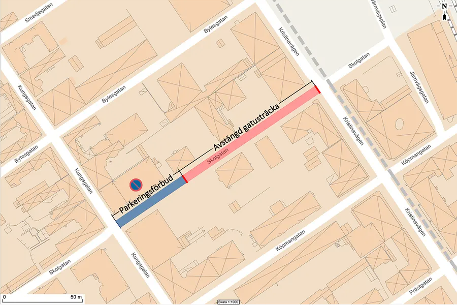 Kartbild som visar avstängningen på Skolgatan.